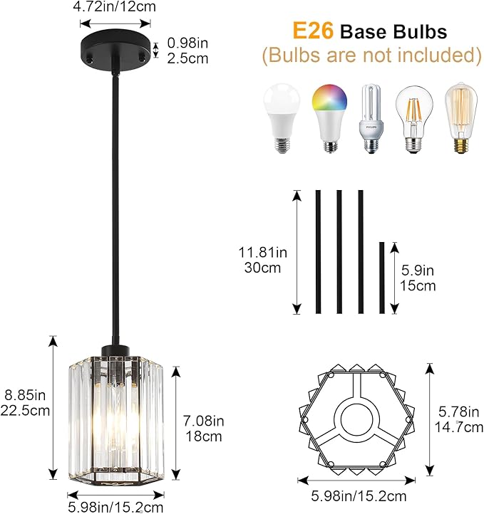 Crystal Pendant Lights Kitchen Island, 2 Pack Modern Black Kitchen Pendant Light Fixtures, Small Hexagonal Crystal Hanging Lights for Kitchen Island, Dining Room, Hallway, Foyer, Entryways