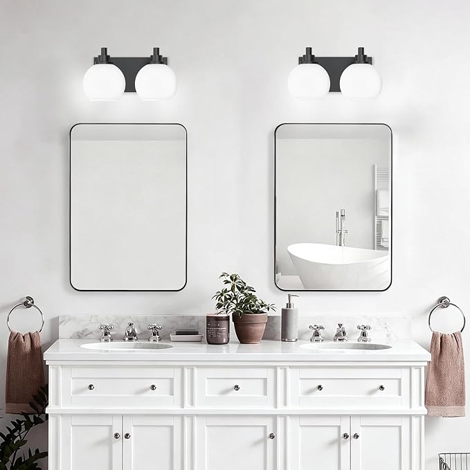 IZORRO Bathroom Light Fixtures, 2-Light Matte Black Vanity Light, Modern Wall Sconces with Globe Milk White Glass Shade, Vanity Lighting Fixtures Over Mirror,E26 Bulb Socket