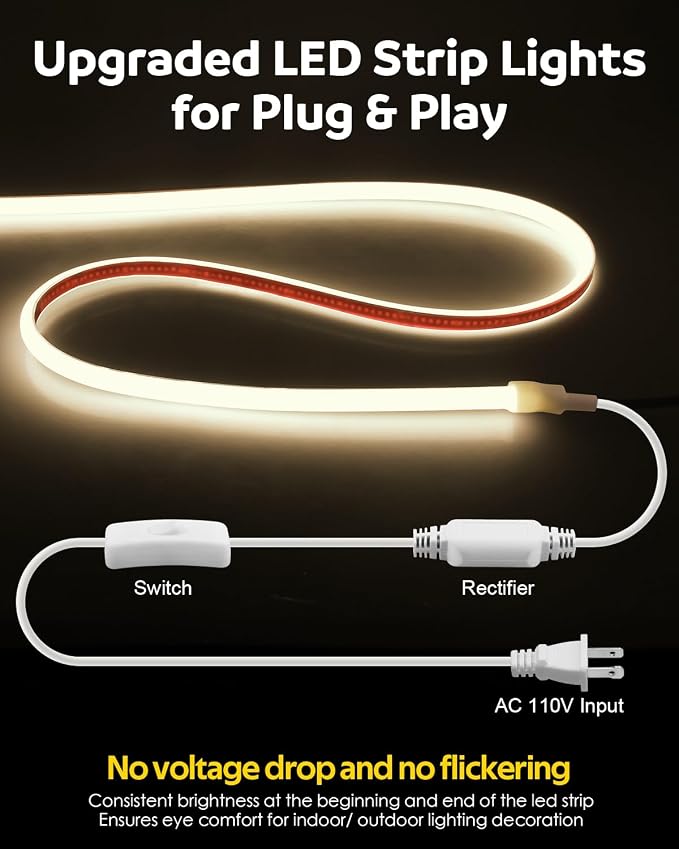 Aclorol AC 110V COB LED Strip Light 10FT/3M Neutral White Flexible LED Rope Lights Outdoor Waterproof with ON-Off Switch Control for Under Cabinets Bookshelf Living Room Shed Lighting 4000K 288LEDs/M