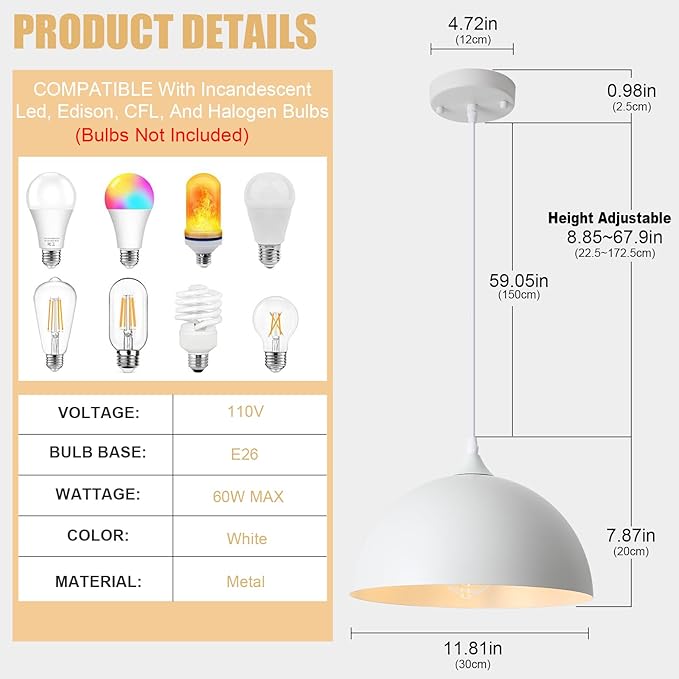 3 Pack White Pendant Lights for Kitchen Island, 11.8" Modern Dome Pendant Lighting Fixtures Farmhouse Industrial Vintage Hanging Ceiling Light Fixture for Dining Room Foyer Hallway Bar Cafe Kitchen