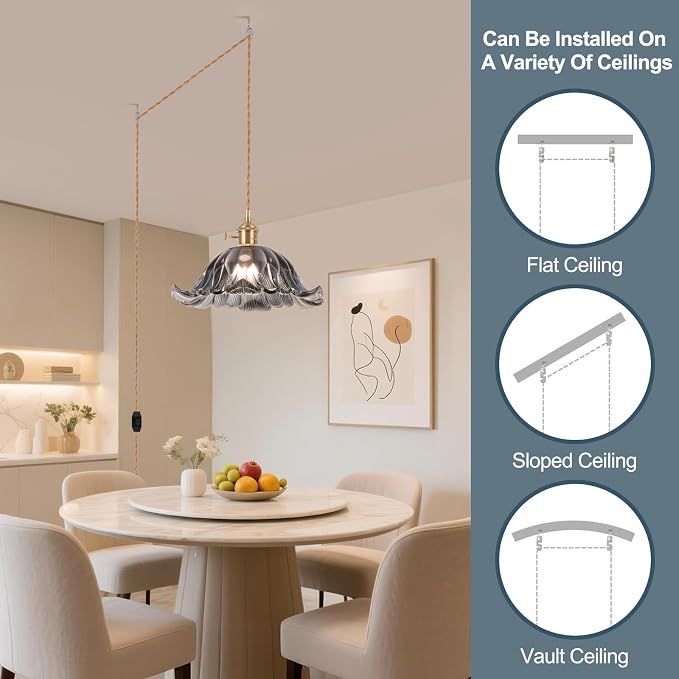 Plug in Pendant Light Fixtures,Hanging Light Fixture Corded On/Off Switch,11 inch E26 Gray Blue Glass Lampshade Pendant Lighting for Kitchen Island, Bedroom, Dining Room
