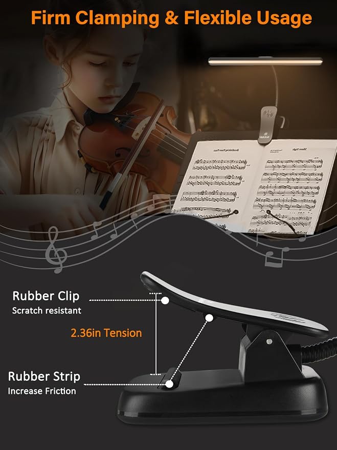 Vekkia Professional 116 LED Rechargeable Music Stand Light | Foldable Clip-on Lamp/Eye-Protective/5 Brightness & 3 Color Temp Adjustments, for Piano, Reading