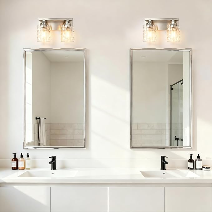 Modern Bathroom Lighting Fixtures Over Mirror, Vanity Lights for Bathroom, Wall Sconces with Clear Glass Shades, E26 Ceramic Socket, 2-Light 14-inch Brushed Nickel