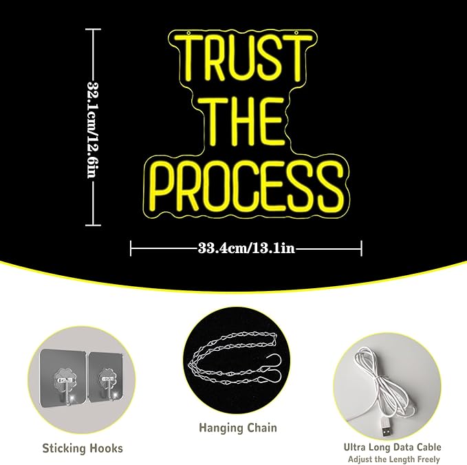 Trust The Process Neon Sign Yellow Letter Neon Light Sign Motivation LED Sign for Wall Decor Neon Inspirational Signs for Bedroom Classroom Gym Home Man Women Gift
