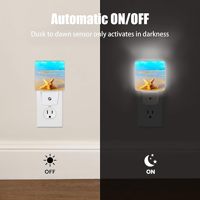 Yellow Starfish on Beach Night Light, Dusk to Dawn Smart Sensor Nightlight for Bedroom Bathroom Kitchen Hallway Stairs Hallway, Plug-in, Energy Efficient Decor Desk Lamp Gifts