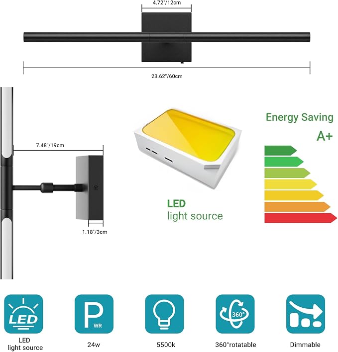 Tipace Hardwired Black Vanity Light Fixtures for Bathroom - 23.6 inch 360° Rotatable Modern Bathroom Light Fixture Over Mirror 5CCT LED Wall Sconce Lighting Fixture LED Vanity Lights Bar