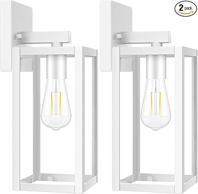 Brightever 2-Pack Outdoor Wall Light Fixtures, Waterproof Anti-Rust Outside Wall Sconce Lantern with Clear Glass, Exterior Front Porch Lights for House Garage Doorway, Bulbs Not Included, White
