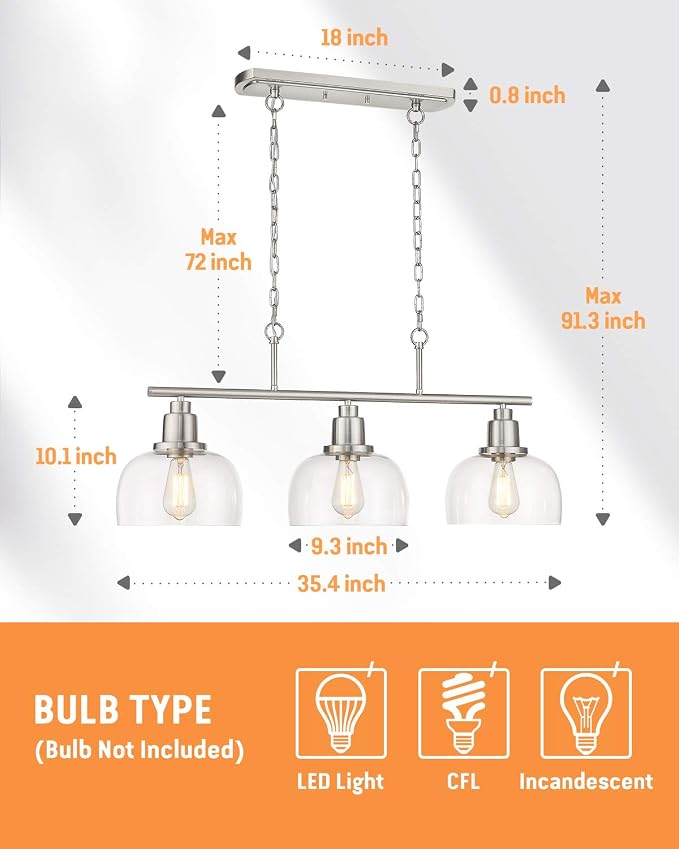 EAPUDUN 3-Light Kitchen Island Light, Farmhouse Pendant Lighting for Dining Room Pool Table Ceiling Light, Brushed Nickel Finish with Clear Glass, PDA1125-BNK