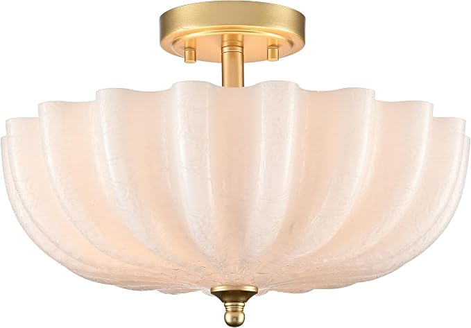 Modern Gold Milky Crackle Glass Semi Flush Mount Ceiling Light | Flower Scalloped Shade 3-Light Brushed Brass Ceiling Light for Bedroom Entryway Living Room