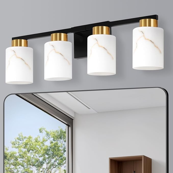 4-Light Bathroom Light Fixtures, Modern Vanity Lights, Black and Gold Metal Wall Lamp with White Marble Glass for Bathroom, Mirror, Living Room, Bedroom, Cabinet, Porch, Hallway, E26 Base