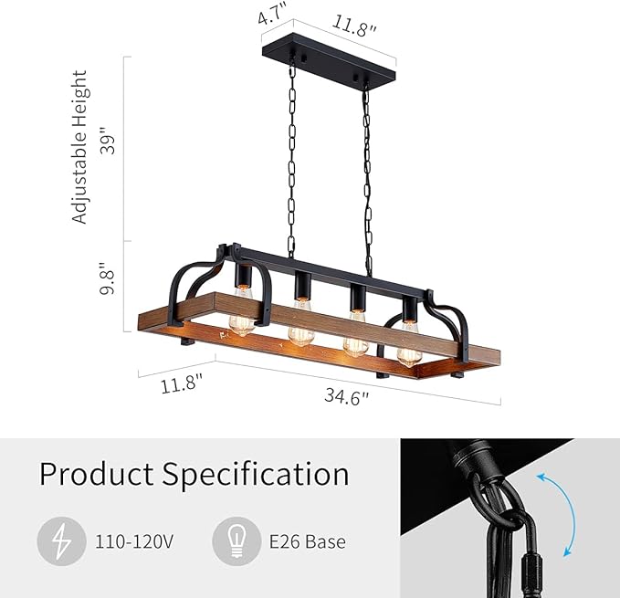 WUZUPS 4-Light Metal Pot Hanging Rack Chandelier Imitation Wood Grain Linear Pendant Ceiling Lighting Rustic Farmhouse Fixture Kitchen Island Dining Room, H 9.8" x L 34.6" x W11.8, E26 Base, Black