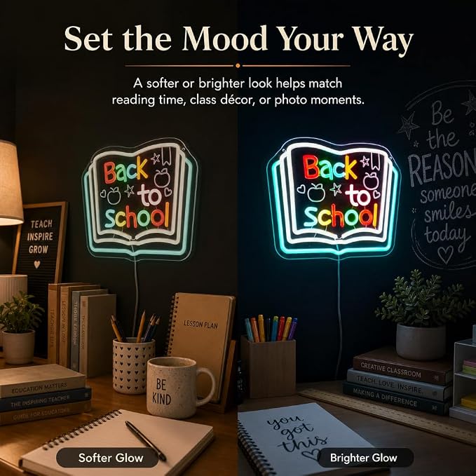 Back to School Neon Sign, Classroom LED, 13.8" x 11"IN | Chalkboard Style, Typography with Apple & Stars, Study Room Decor, For Kids & Teachers