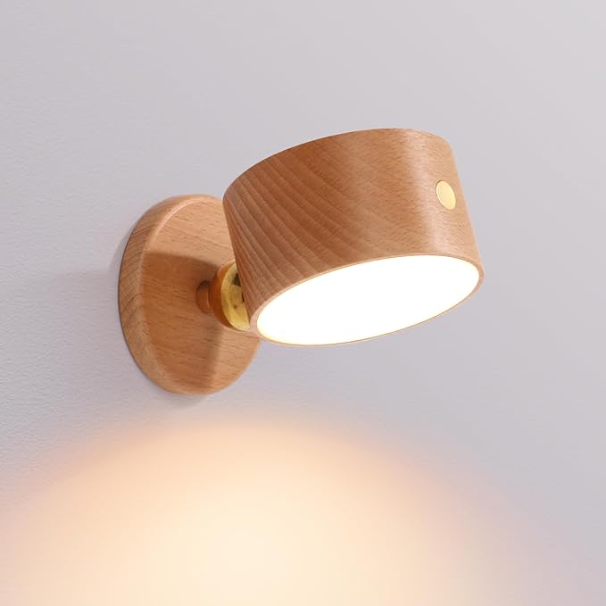 Wooden Led Wall Sconce, 360° Rotatable Dimmable Wall Lights Rechargeable Wall Lights Battery Operated Magnetic Led Night Light for Reading Light and Household Lighting (Beech Wood 1pcs)
