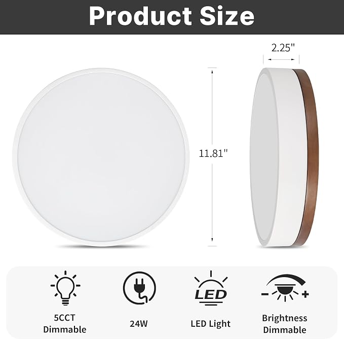 12" Minimalist White and Walnut Wood LED Flush Mount Ceiling Light | Natural Wood Accent, Integrated LED, 5CCT Before Installation, Slim Low-Profile Design, Minimalist Modern Style, Compact Size
