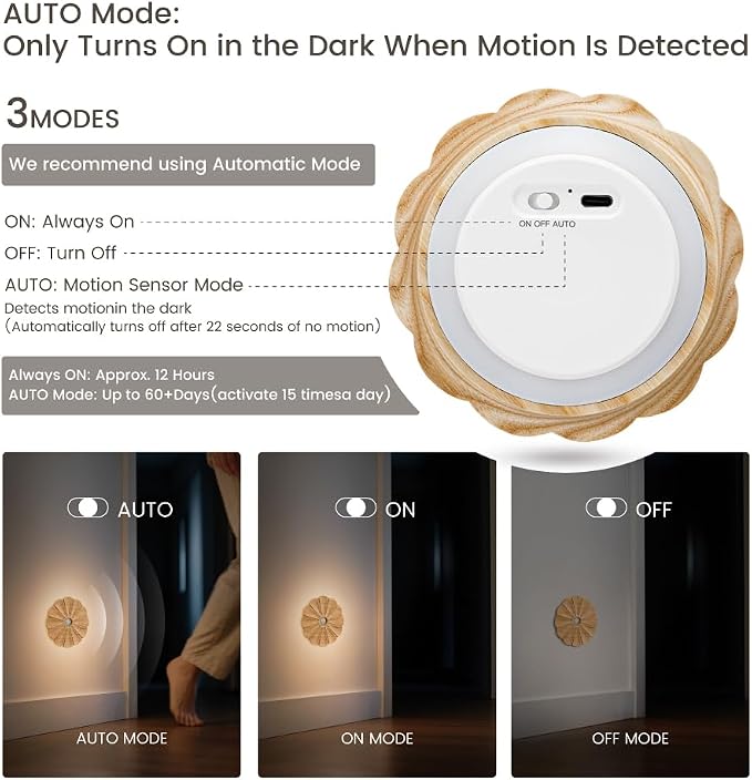 Flower Night Light with Motion Sensor, 2 Pack Rechargeable Night Lights | Ash wood, Backlit Soft Glow, Flower Motion Sensor Light, Stick-on Magnetic Lights for Stair, Hallway, Bedroom, Living Room