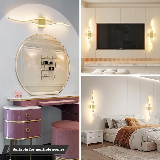 Modern Wall Sconces Set of 2, Dimmable LED with Remote Control, Gold Indoor Wall Sconce, Hard Wired Wall Lights for Living Room, LED Wall Decor for Hallway, Bedroom, 40.5"in, 3 Color, Timer, Memory
