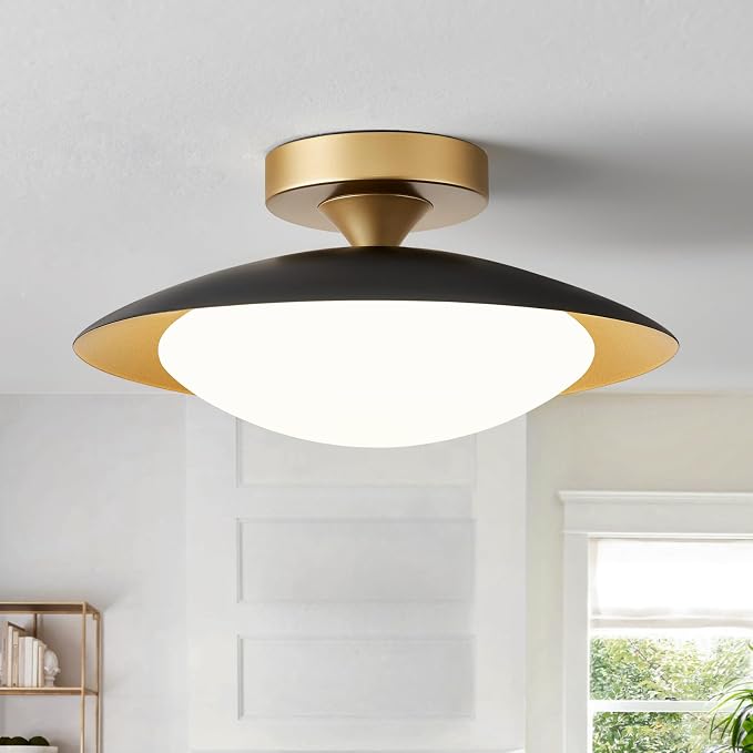 Dimmable Modern Mid-Century LED Ceiling Light, Black and Gold, 12.6 Inch | Semi Flush Mount Ceiling Light, 5CCT 2700K-6000K Lighting Fixture Ceiling Lamp with Glass Shade for Bedroom Hallway Kitchen