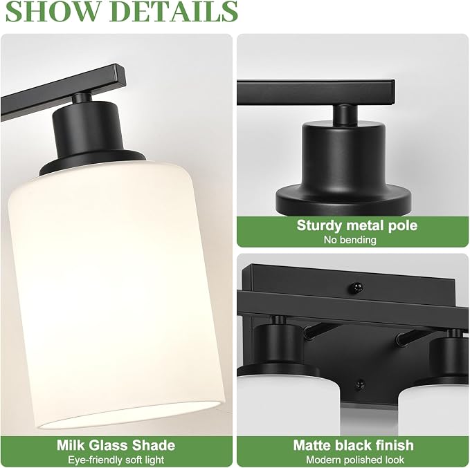 MOKATNG 8-Light Bathroom Light Fixtures, Vanity Light with Milky White Shades, Matte Black Bathroom Light Fixtures Over Mirror, Modern Bathroom Wall Lamp for Mirror Living Room Cabinet Bedroom