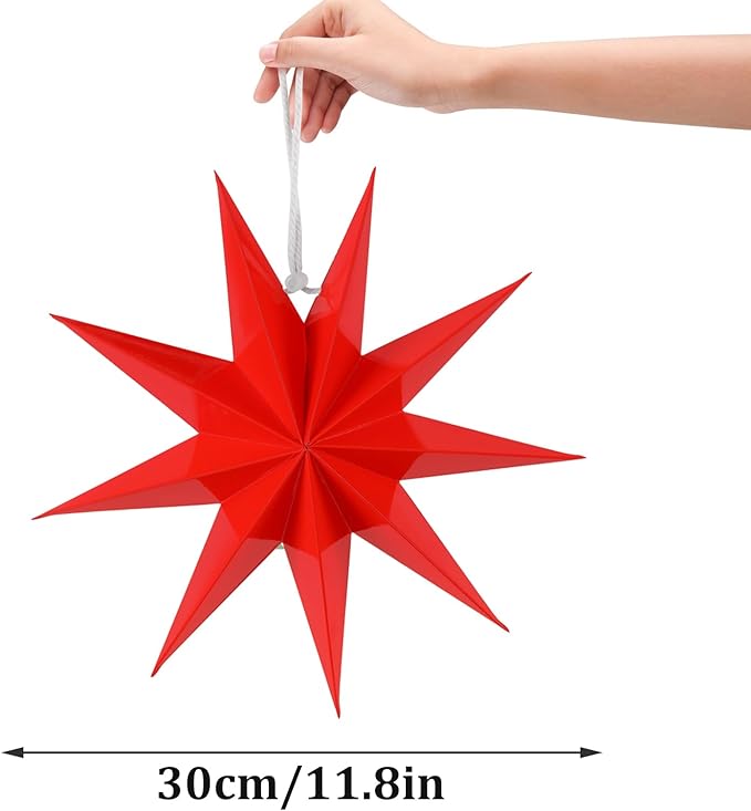 SUNBEAUTY 3 Pcs 9-Pointed Red Paper Star Lanterns 12 Inch Christmas Hanging Lamp Red Paper Decorations Shade Wedding Birthday Christmas Home Party Decorations