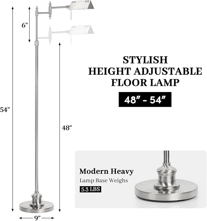 Bairth Brushed Nickel Reading Floor Lamp,Rotatable Pharmacy Standing Lamp | 90°Rotatable Lamp Head 3 Color Temperature, Dimmable, 17W LED, Height Adjustable, 360°Swing Arm, Living Room, Bedroom, Craft