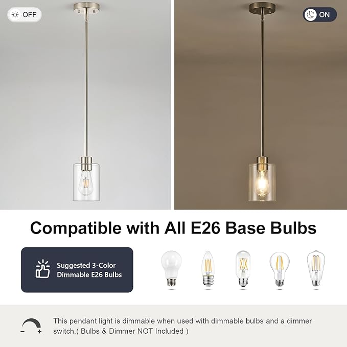 Modern Farmhouse Brushed Nickel Pendant Lights, Mini Hanging Light Fixture with Clear Glass Shade, Adjustable Rods for Kitchen Island, Sink, Bar (2 Pack)