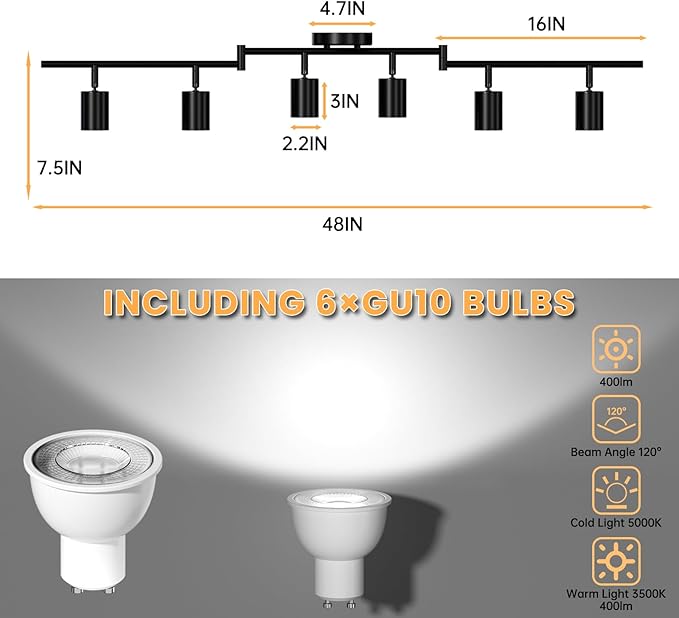 LED 6 Light Track Lighting Kit, 3 Color Adjustable Ceiling Spot Lighting Includes 6 x GU10 Bulb, Modern Track Light Fixture with Rotatable Heads for Kitchen, Living Room, Bedroom