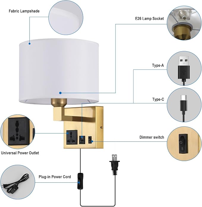 Plug in Wall Light, Wall Lamp with Brass Base Cylindrical Shape | Wall Light for Living Room Bedroom Hotel, Bedside Lamp Bulb Included, Wall Mounted Lamp with AC Outlet & USBA+C Charging Port