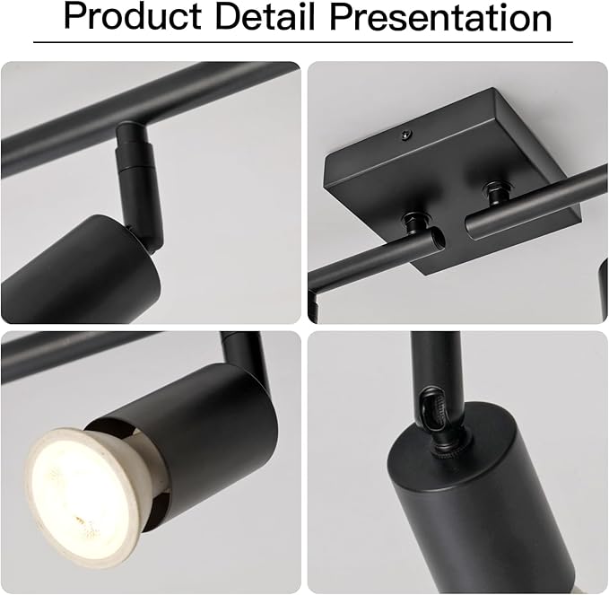 SEEBLEN 4-Light GU10 Track Lighting, Black Adjustable Ceiling Spot Light Kit, Industrial Flush Mount LED Track Light for Kitchen, Hallway, Living Room