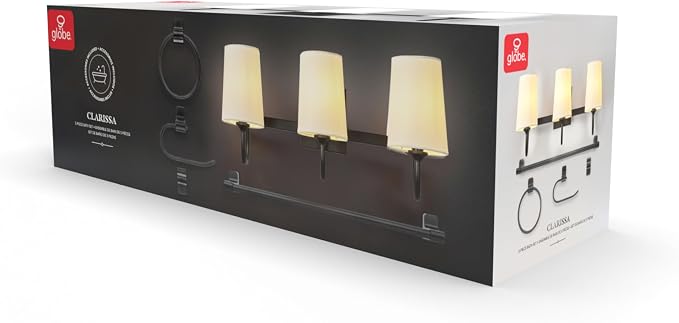 Globe Electric 63000206 5-Piece All-in-One Bathroom Set, 3-Light Vanity Light, Matte Black, Linen Shades, Towel Bar, Robe Hook, Toilet Paper Holder, Towel Ring, Bathroom Lights Over Mirror