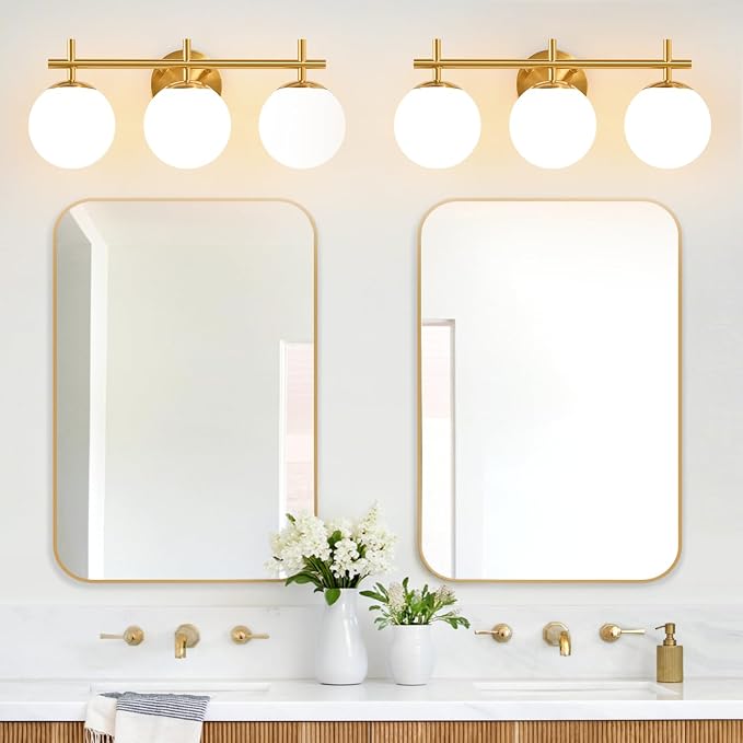 3-Light Bathroom Light Fixtures, Brushed Gold Vanity Lights for Bathroom with Milky White Glass Globe Shade, 19.3 inch Bathroom Lighting Fixtures Over Mirror, Wall Sconce for Bedroom(Bulb Not Included