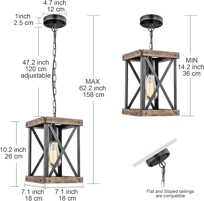 Farmhouse Pendant Light, Adjustable Metal and Wood Chandelier Light Fixture, Rustic Pendant Lighting for Kitchen Island, Bedroom, Dining Room and Entryway (Brown), 2 Pack