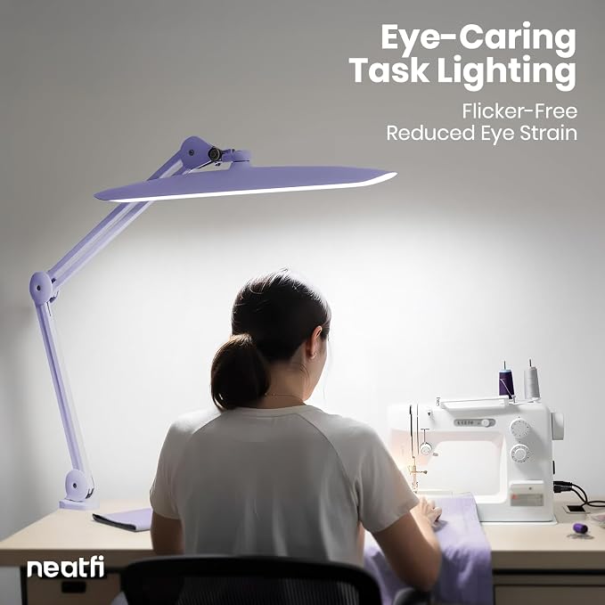 Neatfi XL 2200 Lumens 24W LED Desk Lamp – Shadow-Free Task Lighting | 4-Level Dimming | Home Office & Crafts Use | 20-Inch Wide Head (Lavender, Non-CCT with Clamp)