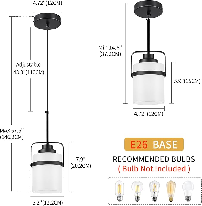 Modern Black Pendant Lights Kitchen Island Light, Adjustable Hanging Light Fixture with Milk Glass Shade, Farmhouse Pendant Light for Dining Room Bar Over Sink/Table/Counter, 2 Pack