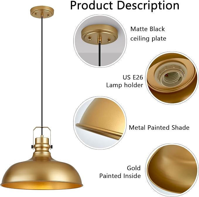 Gold Farmhouse Pendant Lights for Kitchen Island 16 Inch | ETL Certificate,Industrial Adjustable Height Vintage Dome Hanging Light Fixtures for Barn, Dining Room 2 Pack