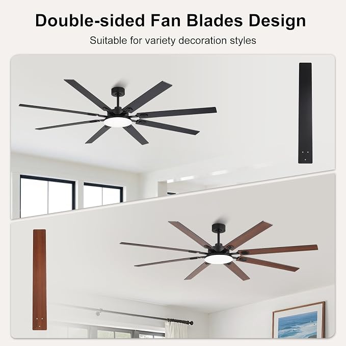80 Inch Ceiling Fans with Lights and Remote, Bedroom Living Room Office Library Cafe Outdoor Industrial, 5CCT Dimmable, Dual Color 8 Blades, 6 Speed Reversible Quiet DC Motor, Black/Wood Grain