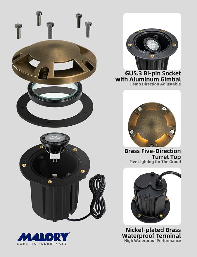 MALORY Brass Top Cover Landscape Well Lights,(φ126 mm) 12V Low Voltage Outdoor In Ground Lights,Landscape Lighting for Pathway, Driveway, Garden (Five-Direction Turret, 1-Pack with Bulb)