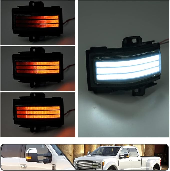 2Pcs Sequential LED Side Mirror Marker Light for Ford F150 2015-2023, F250 F350 F450 F550 Super Duty 2017-2023 Amber Dynamic Blinker Indicator Turn Signal Light White Driving/Running Light Smoke Lens