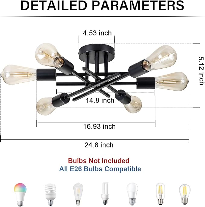 Sputnik Chandeliers, Modern Semi Flush Mount Ceiling Light with E26 Base, Mid Century Industrial Kitchen Farmhouse Light Fixtures for Bedroom Living Room (Black, Ceiling 6 Lights)