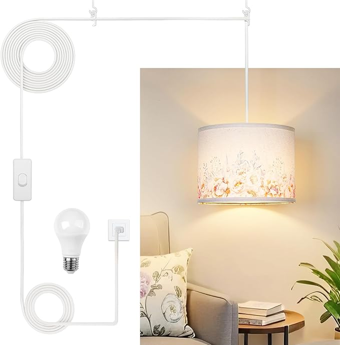 Plug in Pendant Light, Flower Planting Hanging Light with Plug in Cord, Hanging Lamp with 3-Way Dimmable Bulb, Farmhouse Pendant Light for Kitchen Dining Room Bedroom Entryway (Printing Shade)