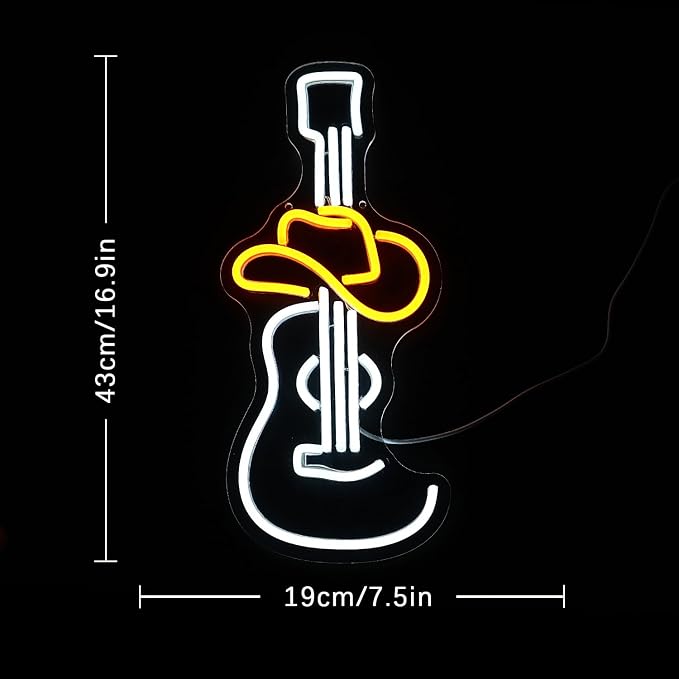 Guitar Neon Signs for Wall Decor Cowboy Hat Neon Lights Music LED Neon Signs White Neon Light Sign for Studio KTV Band Bar Art Man Cave Bedroom Shop Wall Decoration(16.9"*7.4")