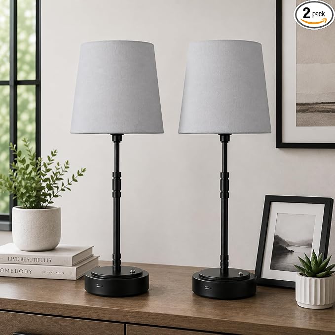Cordless Table Lamps Set of 2 – Battery Operated Lamp with 7500mAh Rechargeable Battery, Stepless Dimmable Black Lamps with Grey Shade, Wireless Lamps for Dining Room & Nightstand (Bulbs Included)
