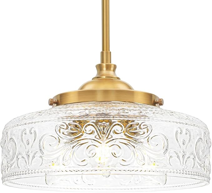 3-Light Adjustable Pendant Lights Kitchen Island, Gold Brushed Metal & Clear Glass Ceiling Pendant Light, Vintage Brass Drop Lights for Bathroom, Hallway, Convertible Ceiling Mount Or Hanging Fixture