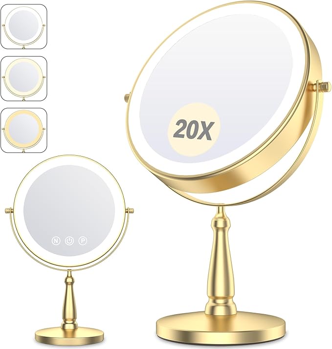 Vanity Mirror with Lights, 9'' Lighted Makeup Mirror, 1X/20X Double Sided Magnifying Mirror, 5000mAh Rechargeable, 3 Color Dimmable LED, 360° Rotation Desk Mirror for Makeup & Skincare, Gold