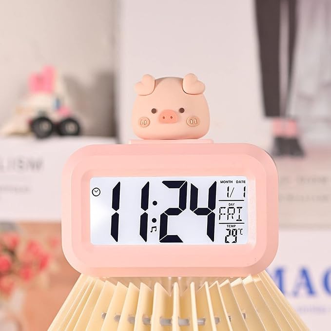Cartoon Desktop Electronic LED Clock Cute Alarm Temperature (Pink Piggy)