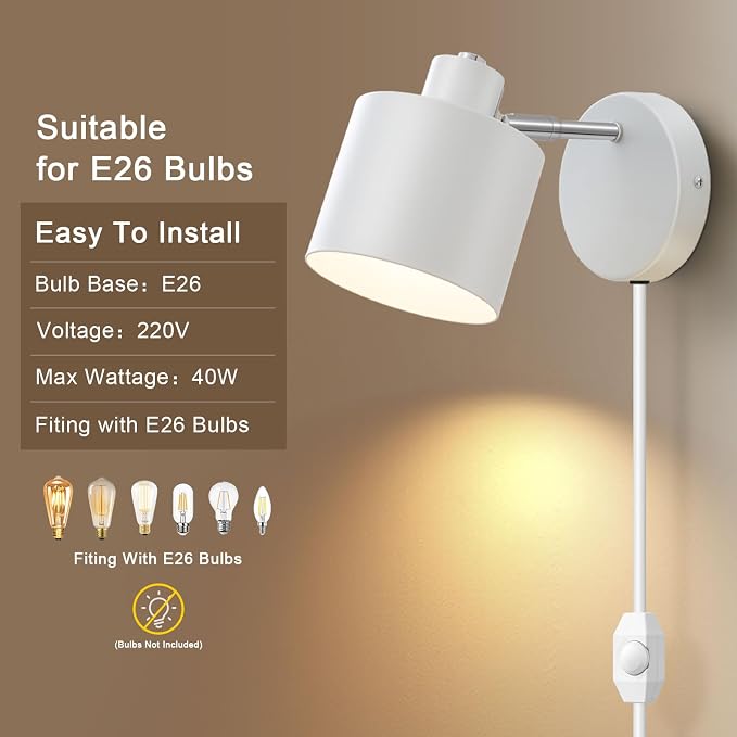 Lightess Plug in Dimmable Wall Lights Adjustable Lamp with Cord Set of 2 | 350° Adjustable Design, Plug in Dimmable Fixture,Modern Fits Kitchen Bedroom Hallway Light Bulbs not included
