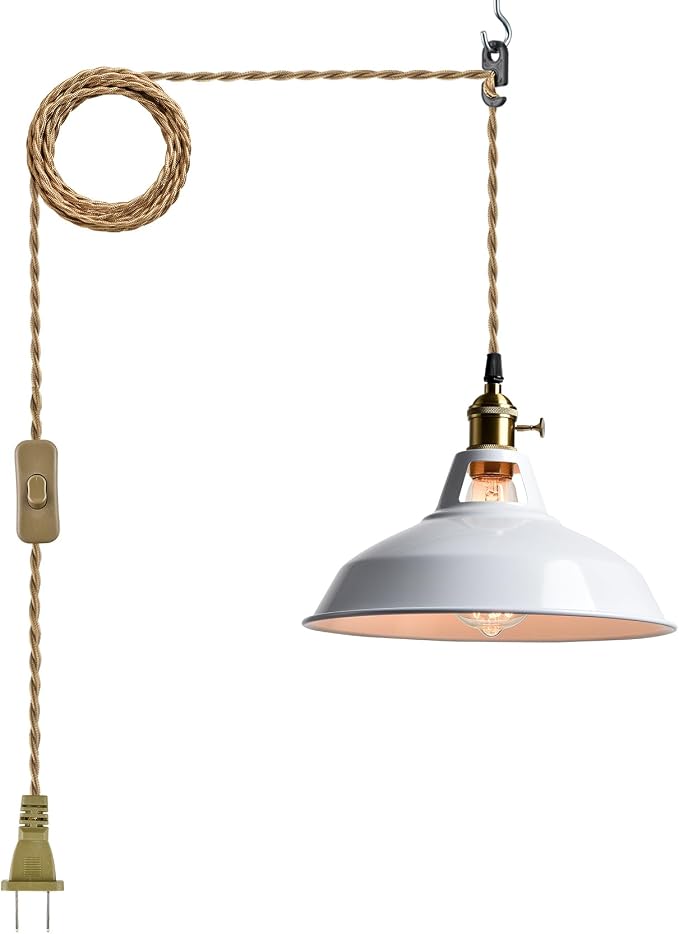 YUBOLE Nordic Plug in Pendant Light White Barn Shade with Dual Switches | 216.5" Plug Cord, Metal Barn Shade, On/off and Rotary Switches, E26 Removable Swag Light for Any Indoor Spaces