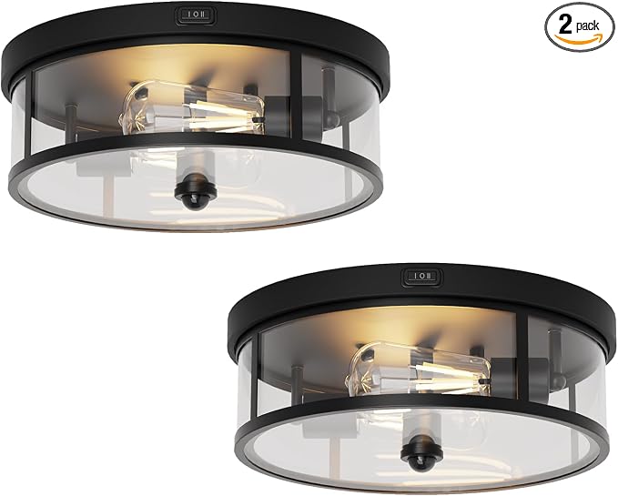 2Pack Outdoor Flush Mount Ceiling Light 12.5In - Motion Sensor Porch Light, 2-Light E26 Socket, Durable Iron & Clear Glass, Light Fixtures for Porch, Driveway, Covered Patio, Farmhouse