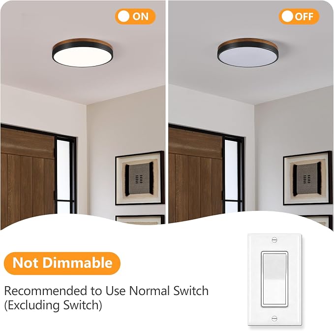 Modern Walnut Wood Black Flush Mount Ceiling Light 11.81 Inch | Round LED Low Profile Lighting Fixture For Kitchen Bedroom Bathroom Laundry Hallway Entryway Closet Living Room