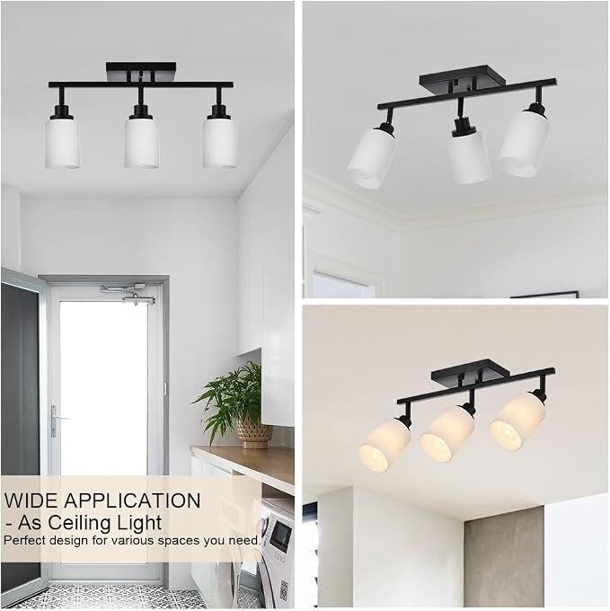 3-Lights Track Lighting Kit, Black Directional Ceiling Light Fixtures with Opal White Glass, Wall Mounted Spotlight for Kitchen Hallway