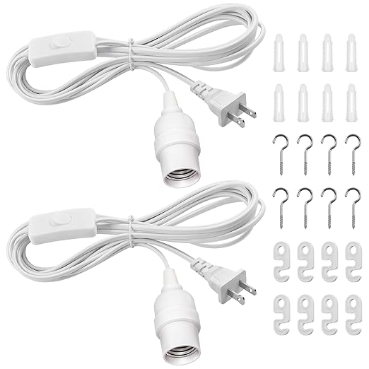 DiCUNO Hanging Lantern Extension Cord Cable, E26 Pendant Light Socket On Off Inline Cord Switch Control Lamp, Switch Close to Polarized Plug, 13 Feet, White, 2-Pack